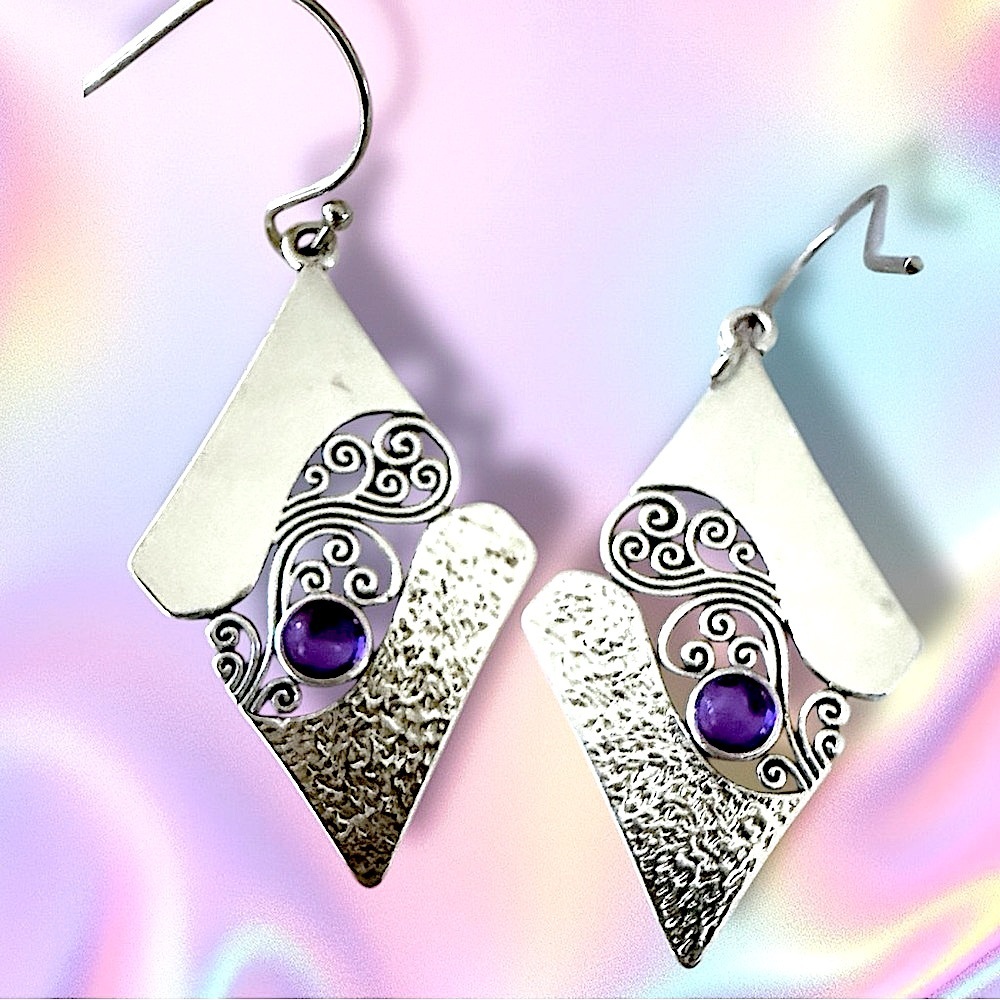 Silver Earrings Purple Geometric Embroidered Earrings NWT
